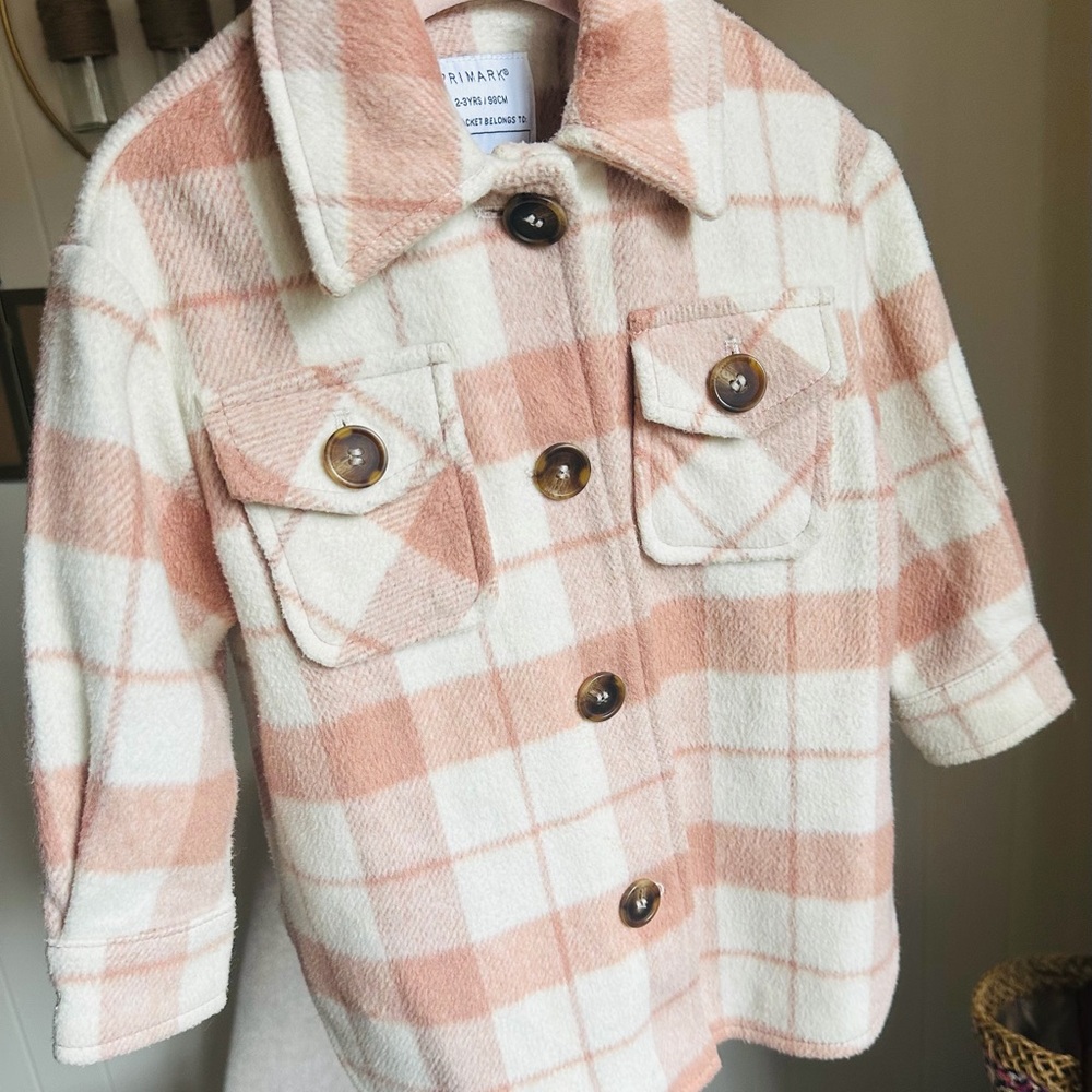 Primark Kids Cream and Pink Plaid Button-Front Pea Coat